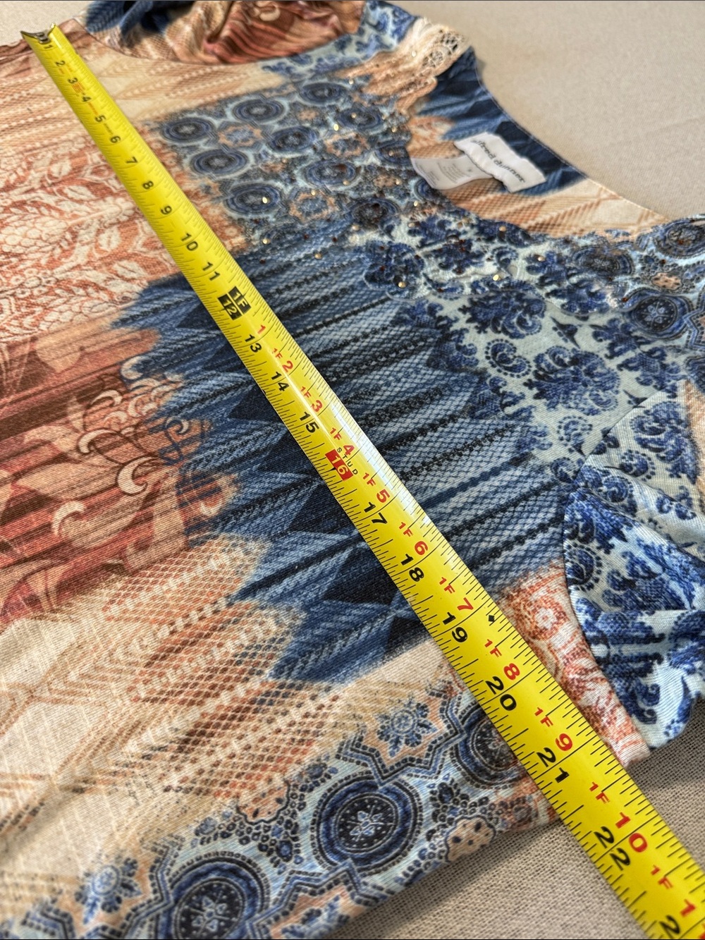 Alfred Dunner Blue and Tan Patchwork-Print 3/4 Sleeve Tunic SZM - Picture 7 of 13